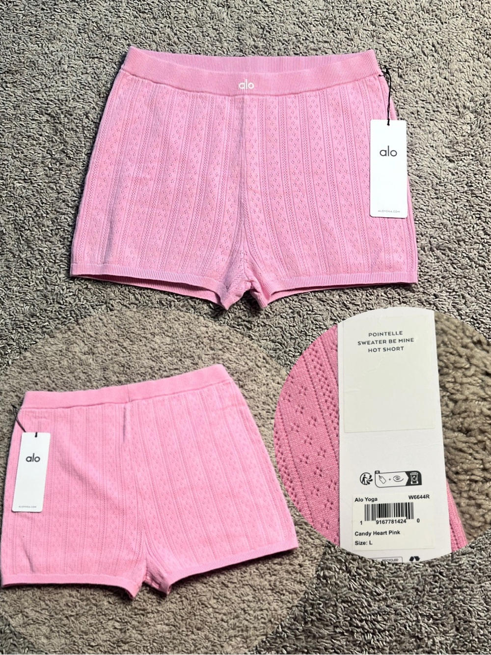 Alo Yoga Candy Heart Pink Pointelle Sweater Be Mine Hot Short size L NWT